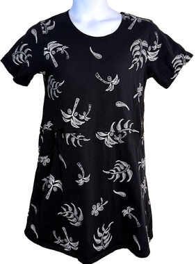 Vtg 90s Red Ginger Cotton Shift Dress dress Med black white palm trees Modest